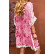 Dark Pink Crochet Tie-dye Printed Cover Up Dress 